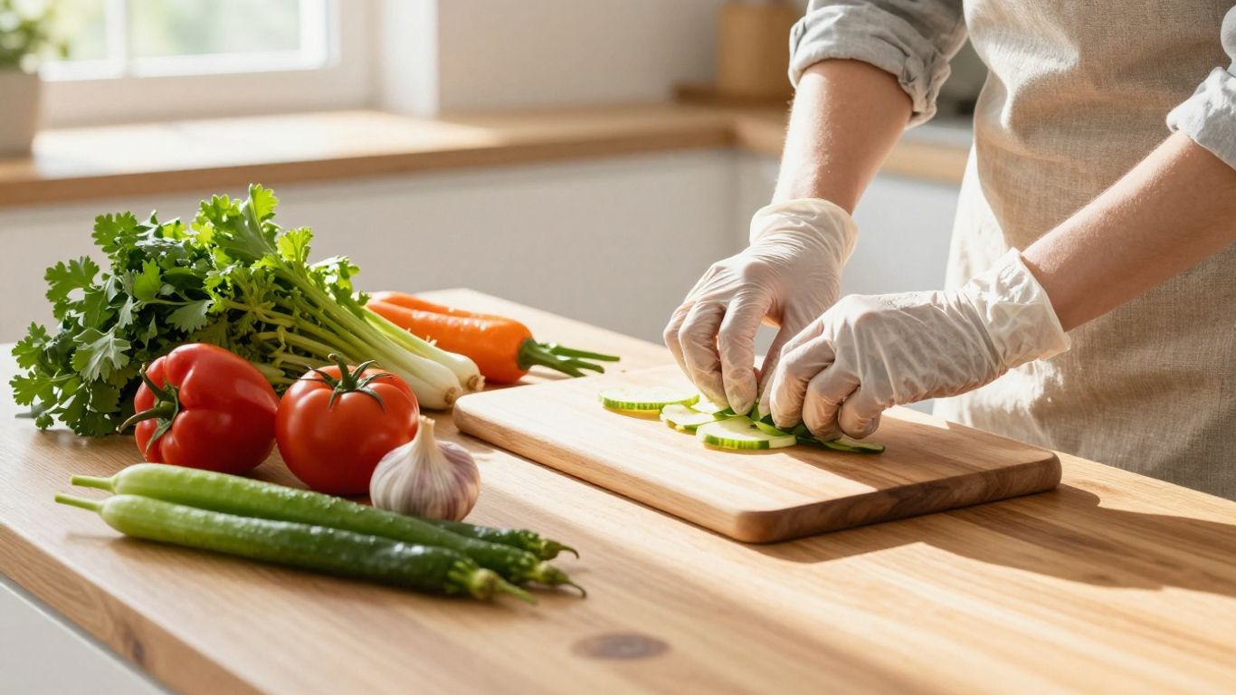 Home kitchen food preparation with fresh ingredients and hygiene.