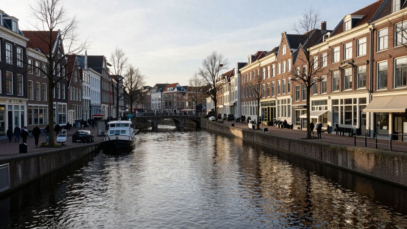 Stadsaanzicht van Zwolle met gracht en gebouwen.