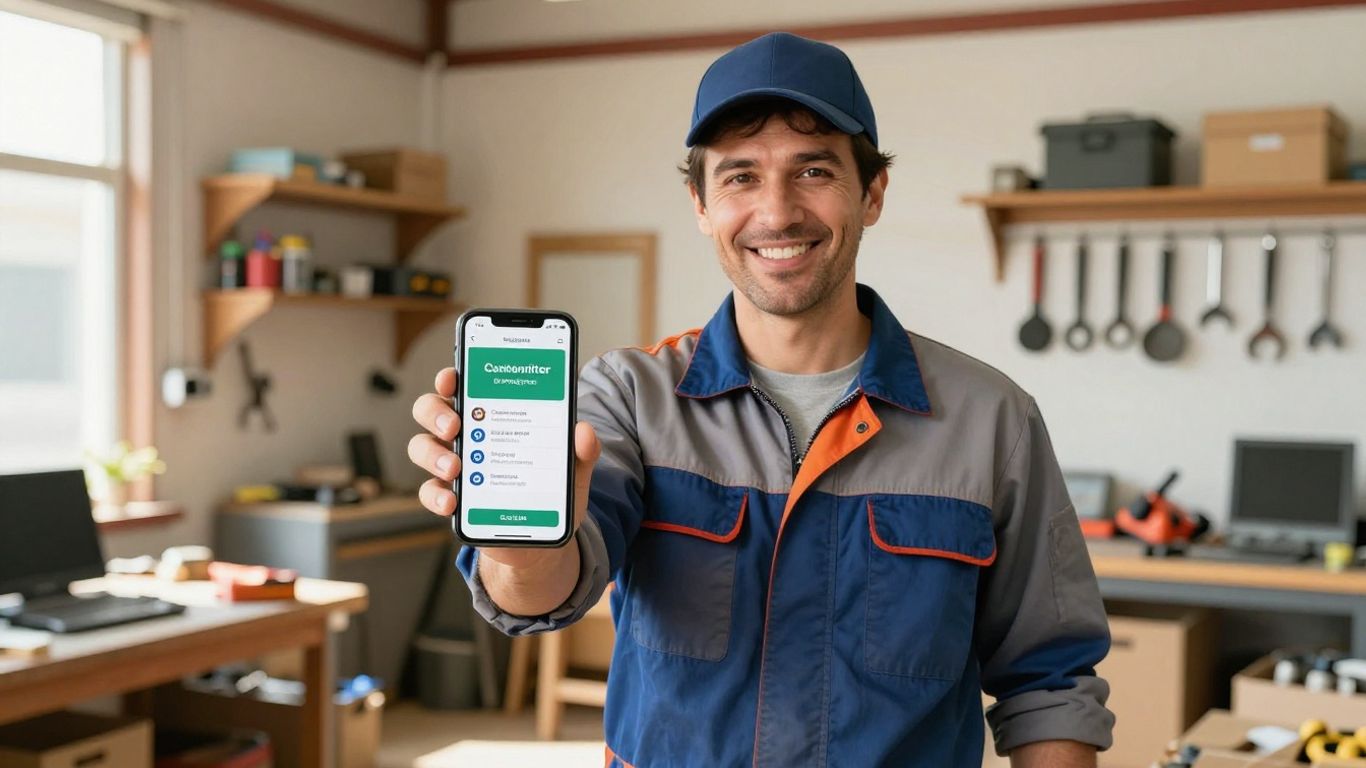 Tradie using smartphone for automated customer follow-up.
