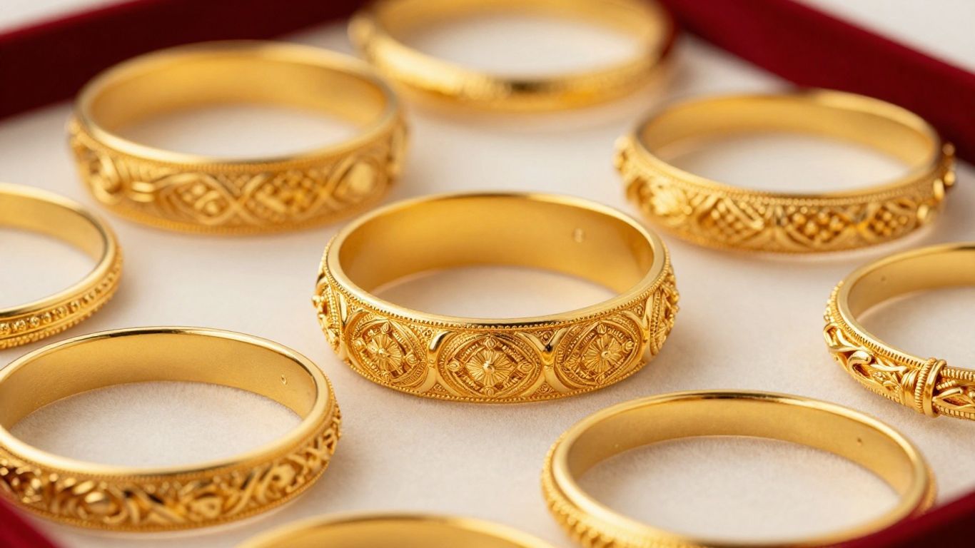 Collection of elegant gold bracelets with intricate designs.