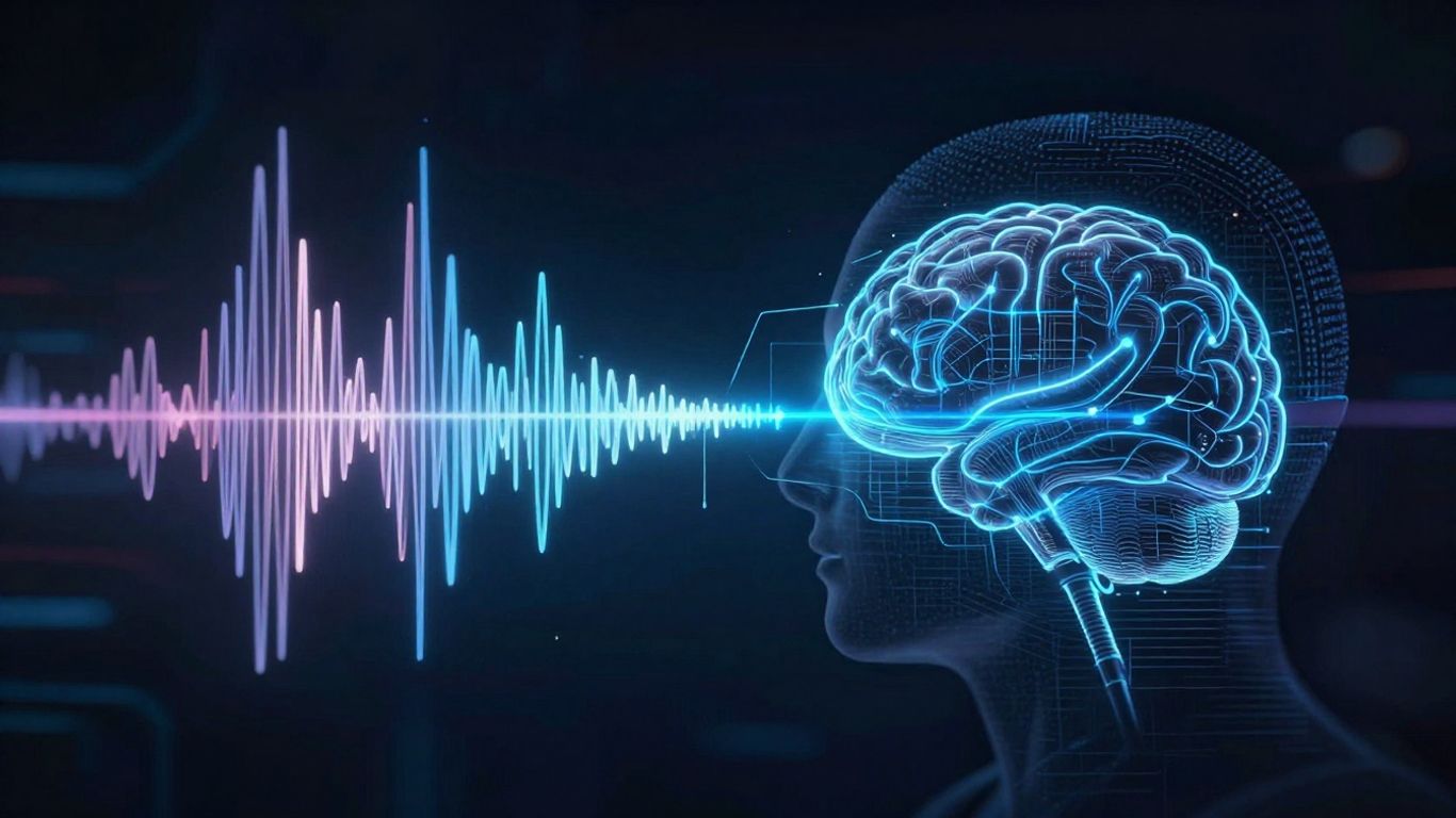 AI voice changer transforming sound waves into vocals.