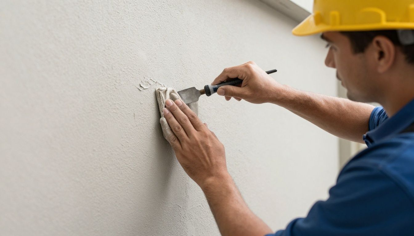 A close-up of a professional contractor applying a smooth stucco finish to an exterior wall
