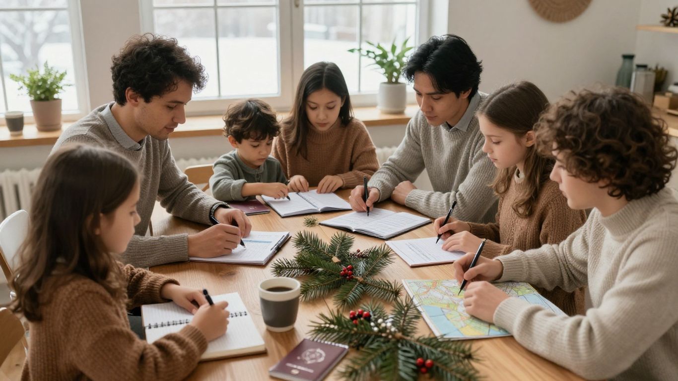Family reviewing a Christmas travel budget