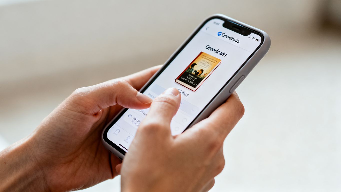 Hands adding a book to Goodreads on a smartphone.