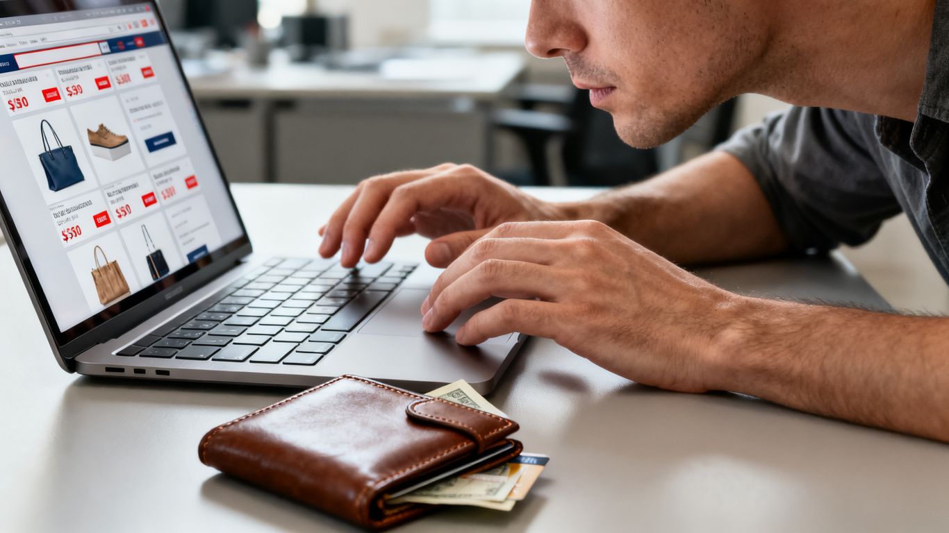 Person looking at online shopping deals cautiously.