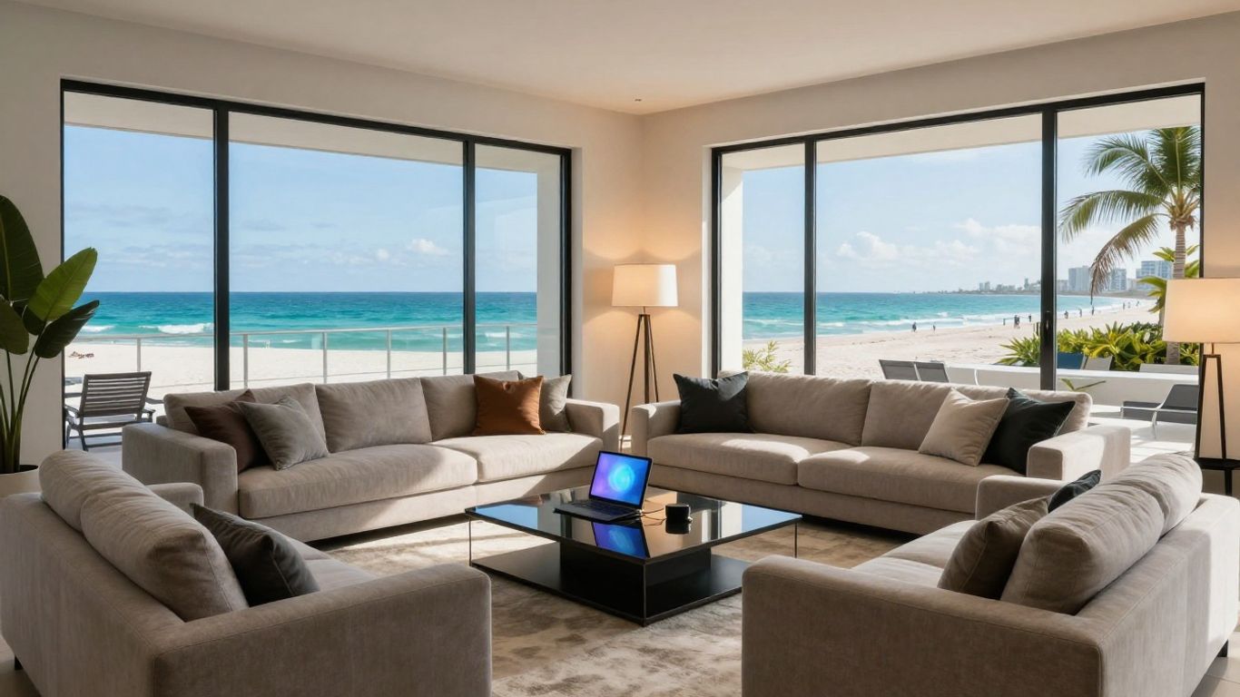 Modern Airbnb living room with smart furniture by the beach