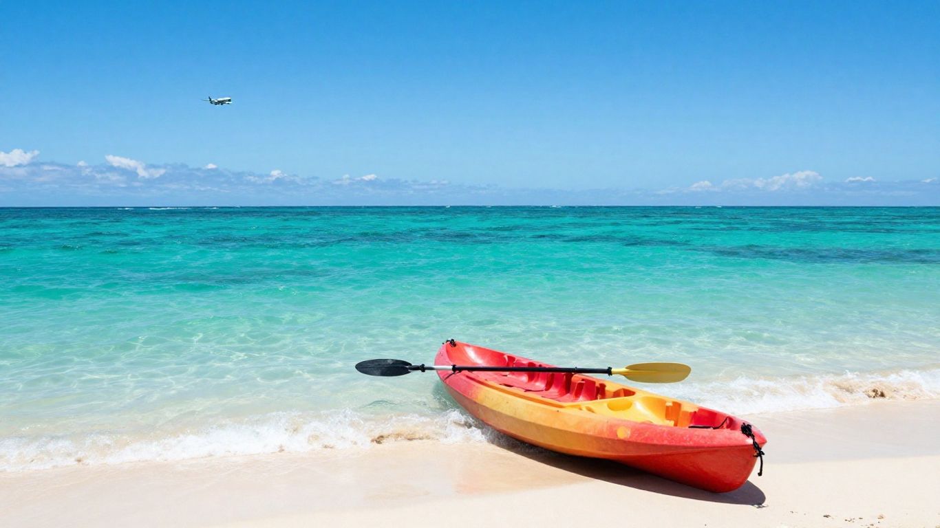 Kayak on beach with airplane in sky