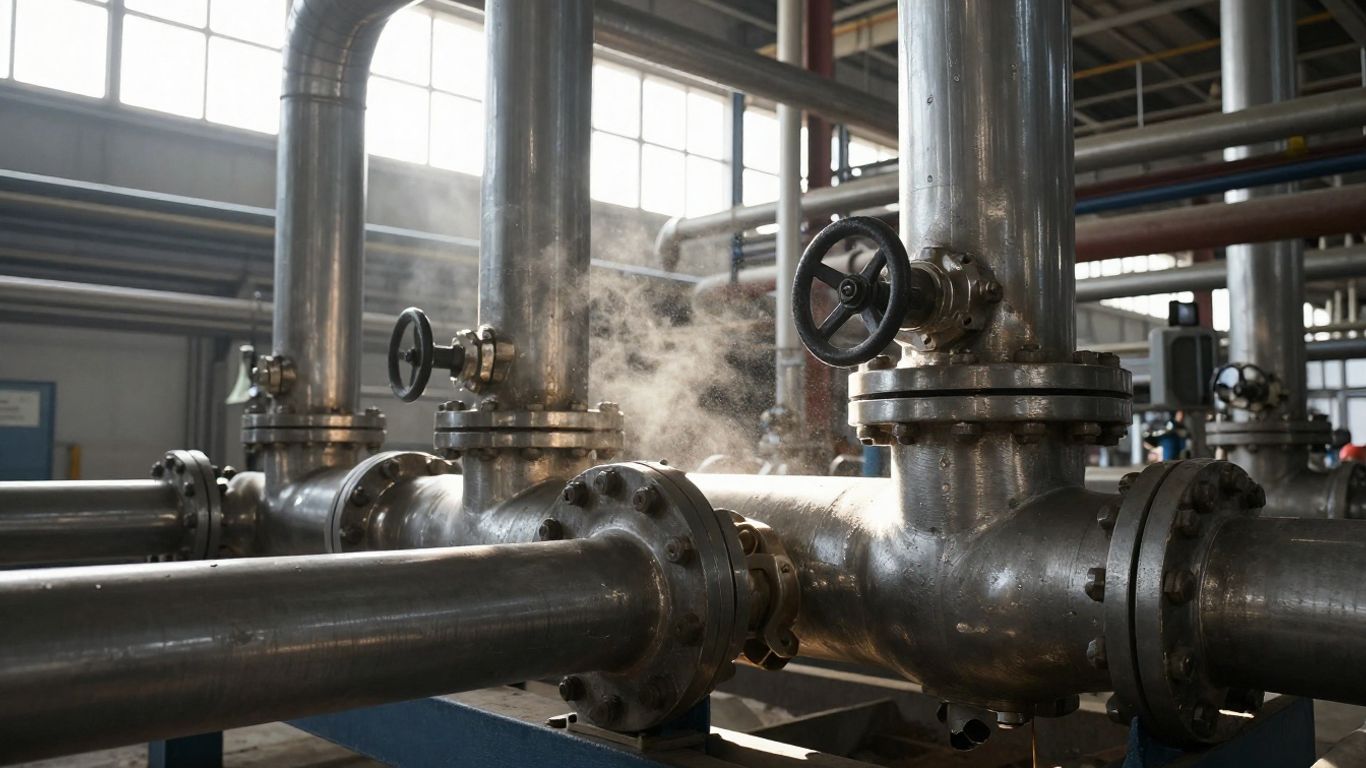 Industrial steam pipes and valves in a factory.