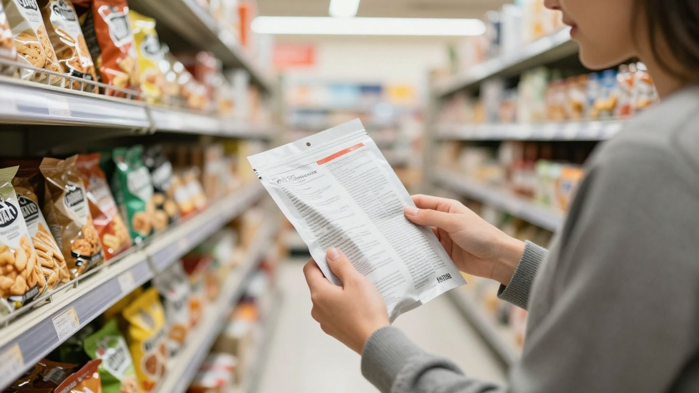 A parent reading snack packaging in a market
