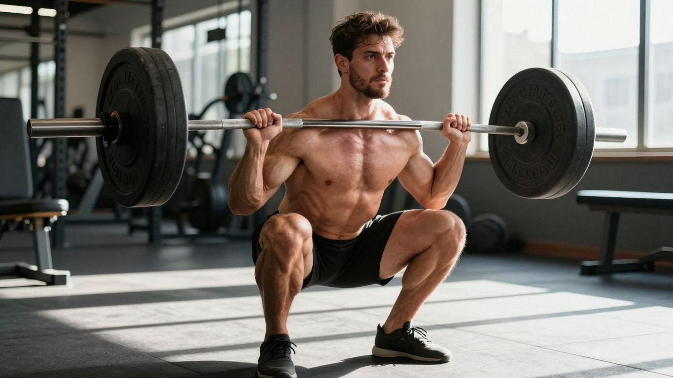 Man performing a barbell squat, highlighting quad muscles.