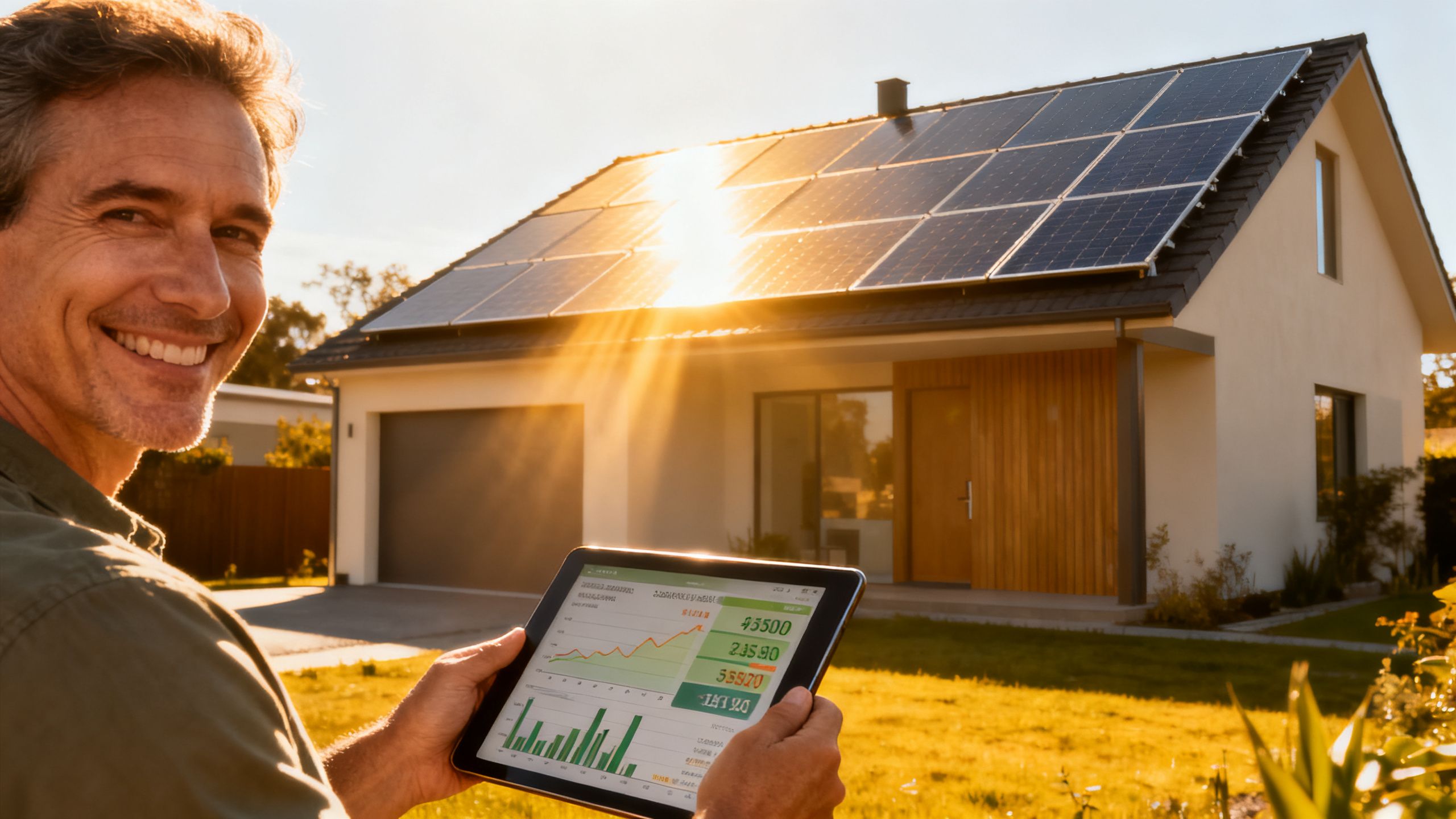 House with solar panels and happy homeowner.