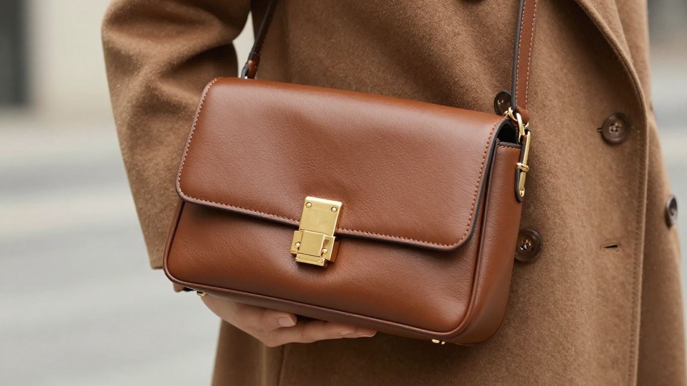 Leather crossbody mini bag held by a woman.