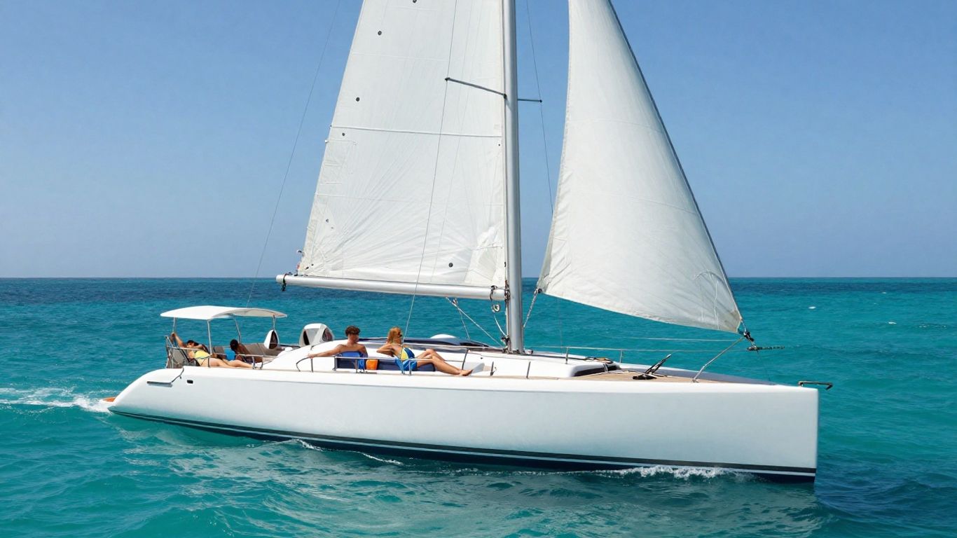 Catamaran sailing on clear blue ocean water.