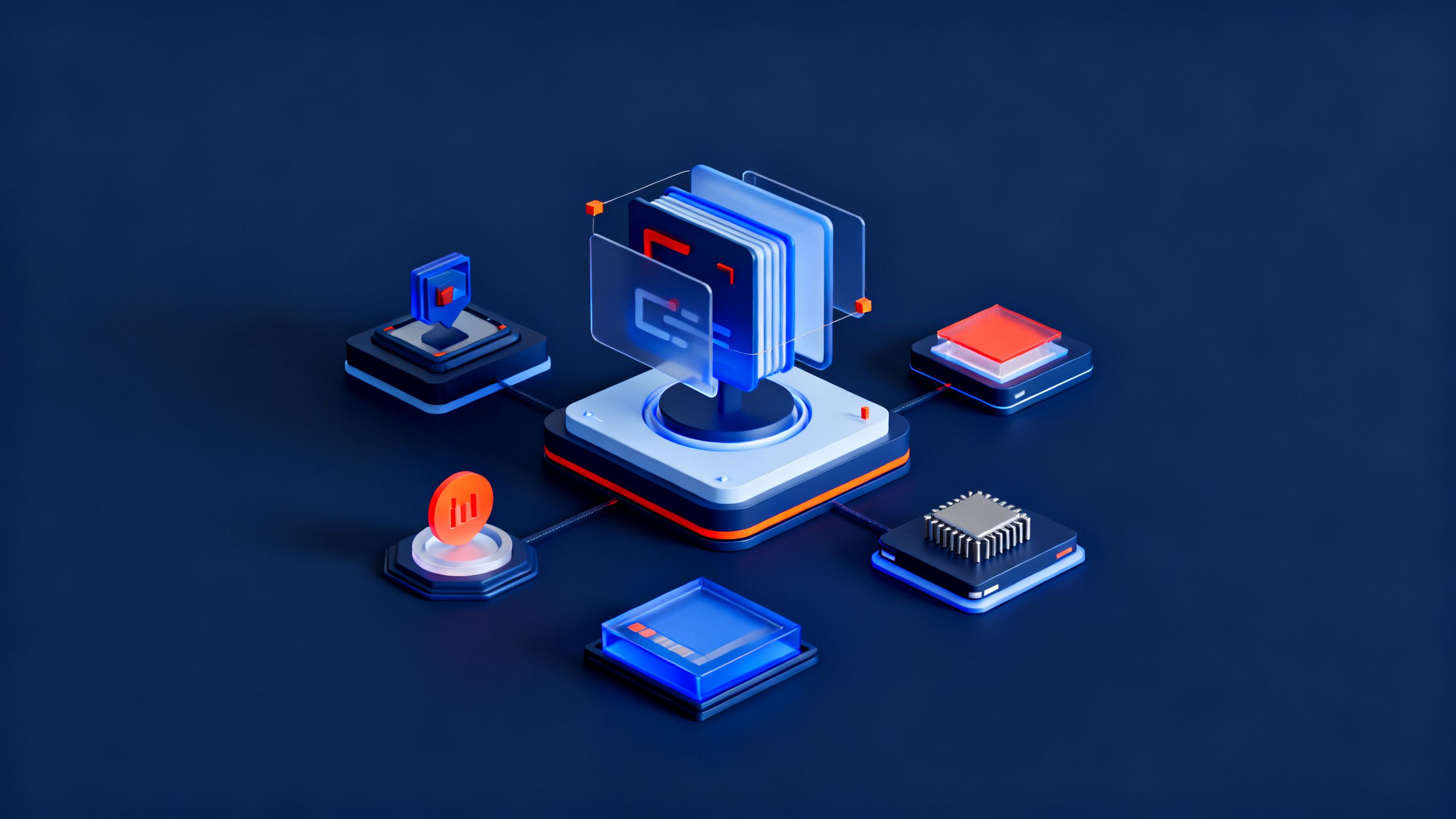 3D isometric illustration of advanced technology, clean and minimalist editorial style, deep navy blue and tech blue color palette with subtle orange-red accents, soft studio lighting, matte finish, premium tech media aesthetic, octane render