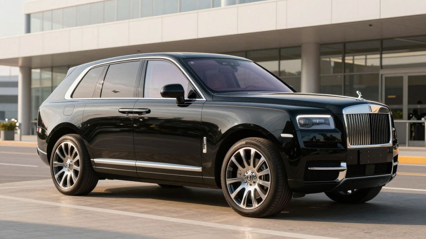 A group of high-end luxury SUVs parked outside a terminal.