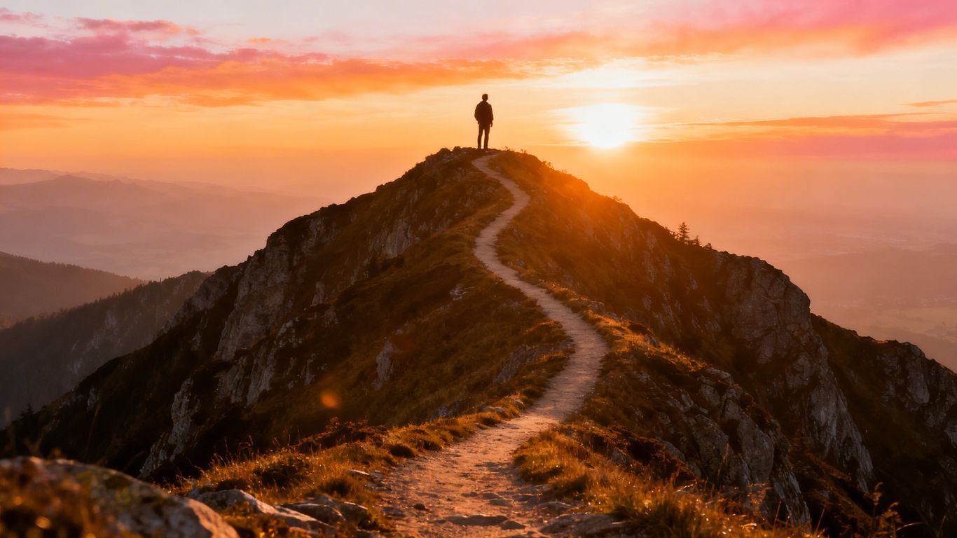 Person reaching mountain summit at sunrise, path leading up.