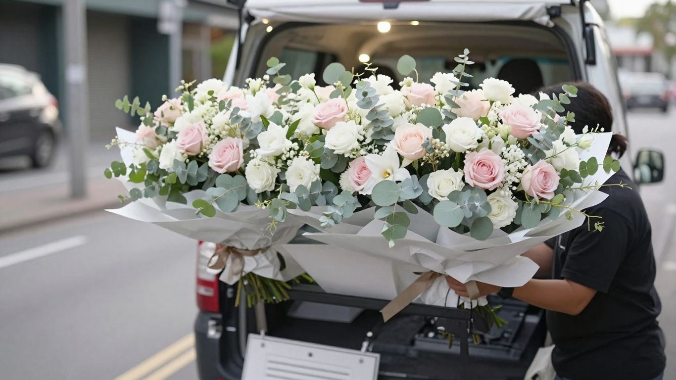 Florist preparing a funeral wreath for delivery