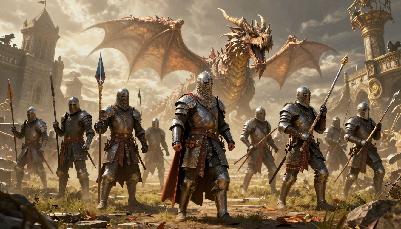 Cena épica de batalha em um jogo de fantasia medieval com dragões e guerreiros