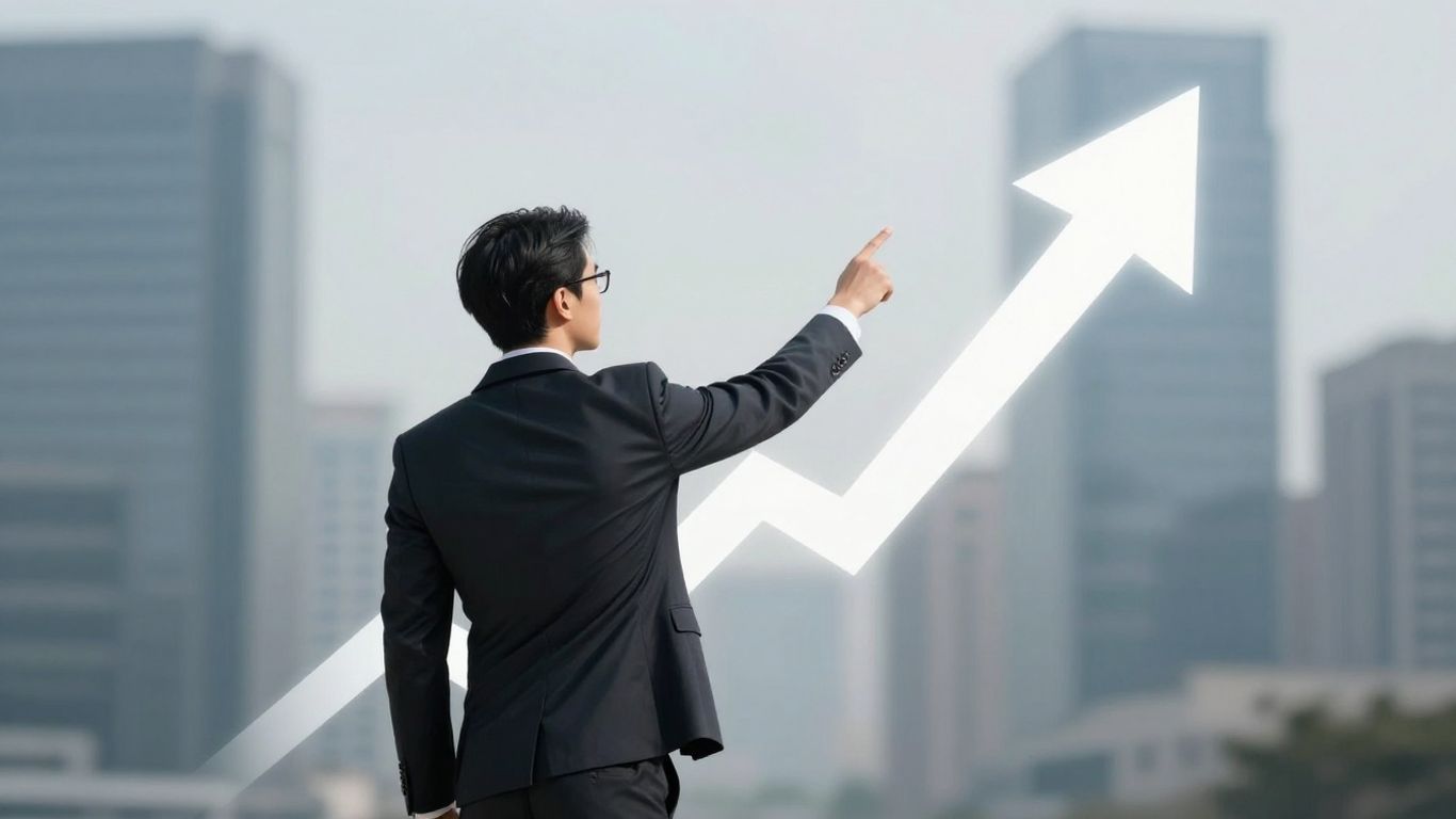Business professional points to upward arrow, achieving goals.