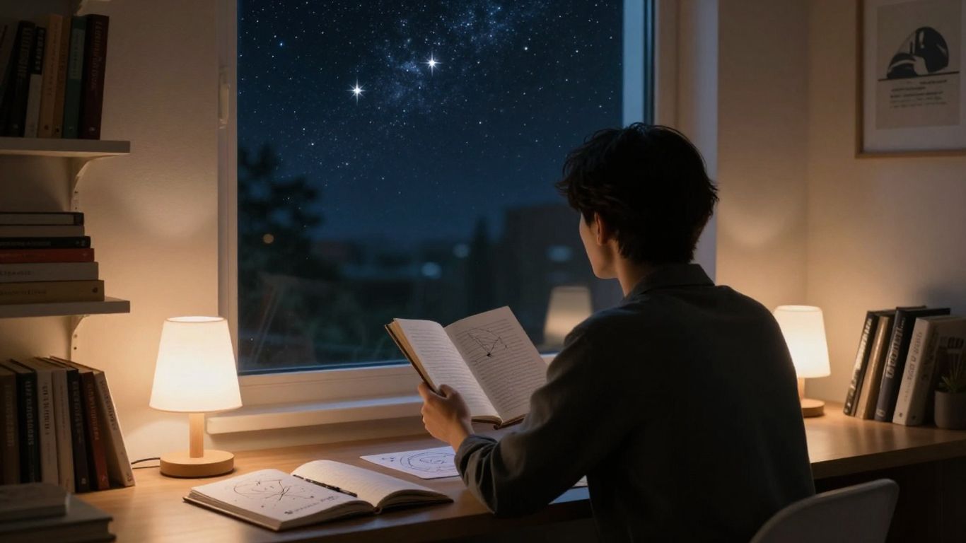 Meditative person exploring astrological charts
