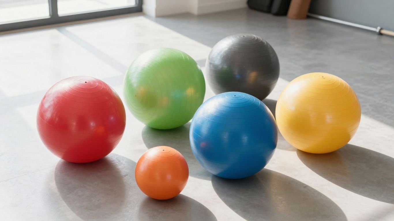 Various exercise balls on a gym floor.