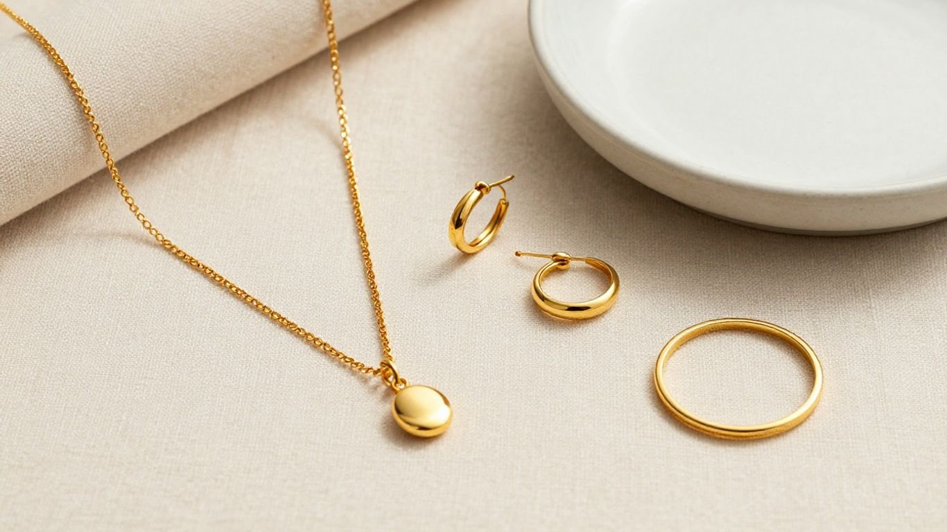 Everyday gold necklace earrings and rings