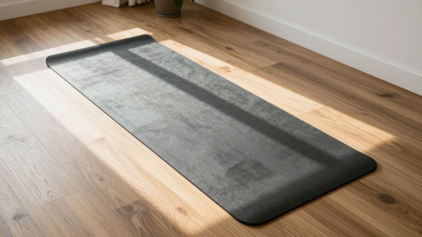 Yoga mat in a bright Airbnb room.