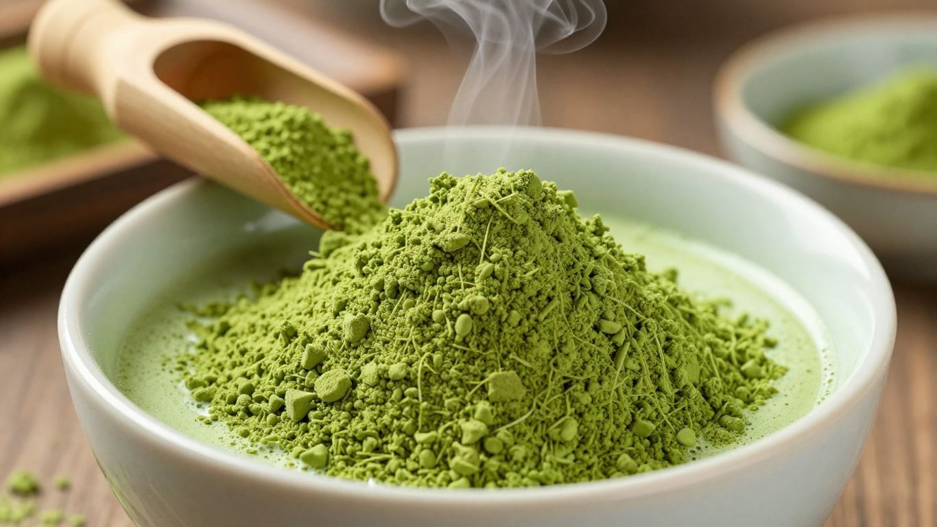 Matcha powder and a bowl of whisked matcha tea.