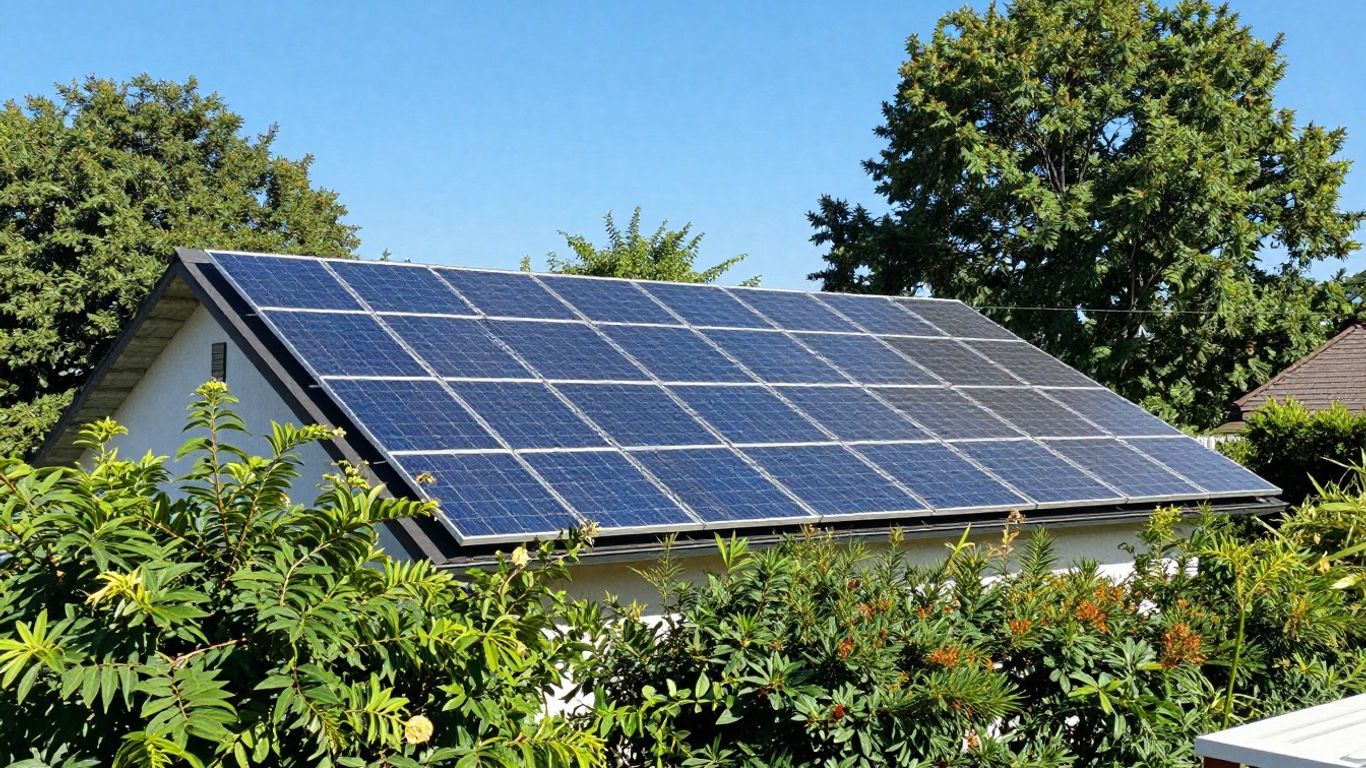 Maison avec panneaux solaires sous un ciel bleu.