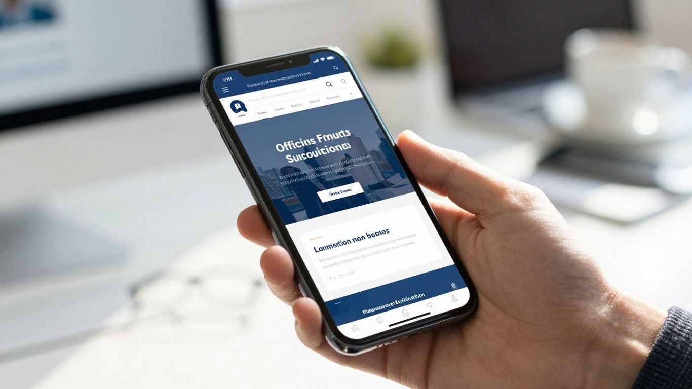 Smartphone displaying company website, verifying legitimacy.