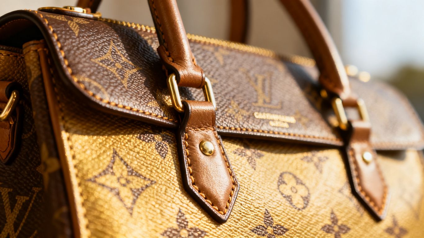 Nahaufnahme einer Designerhandtasche mit Fokus auf Details.