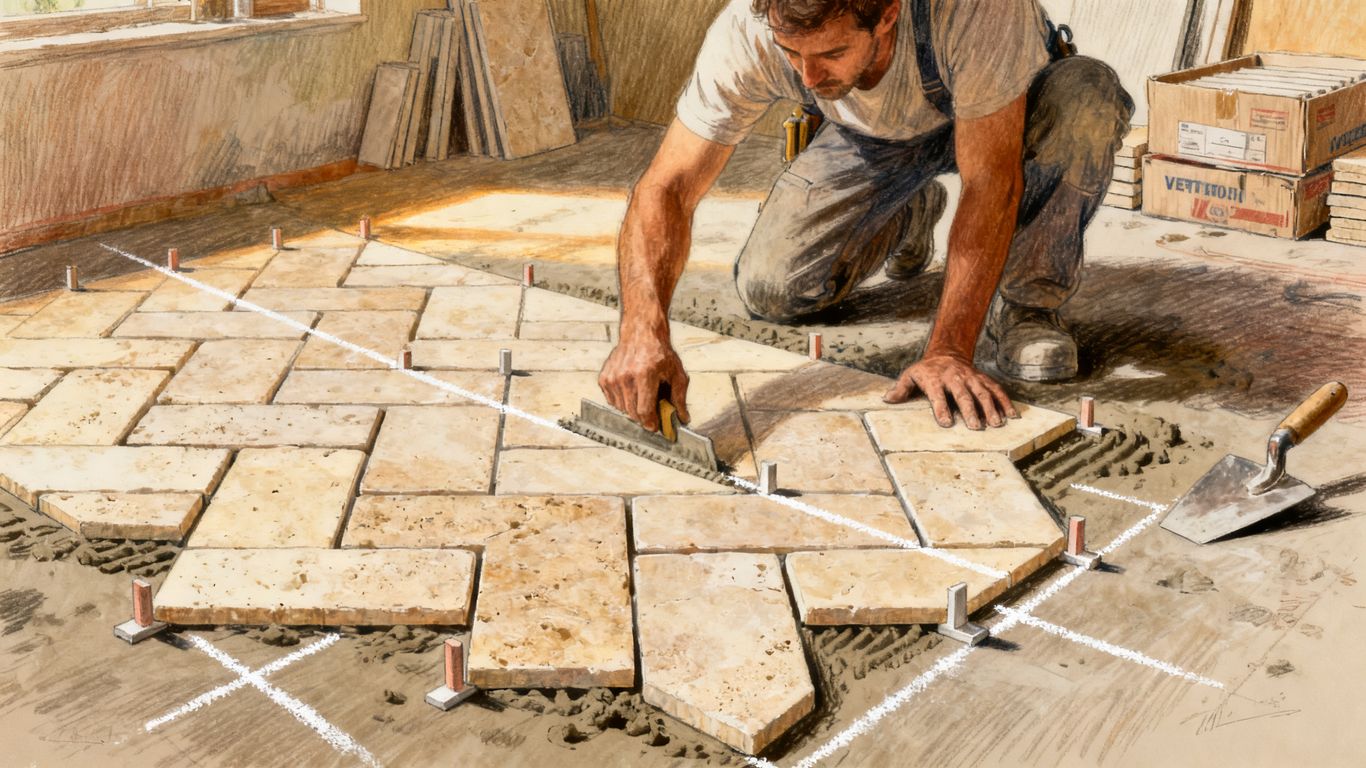 Installer arranging patterned natural stone tiles