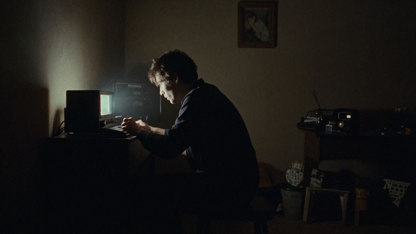 Mysterious figure in a dimly lit room with old technology.