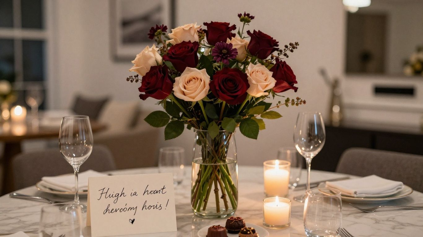 Romantic bouquet and vase on anniversary table