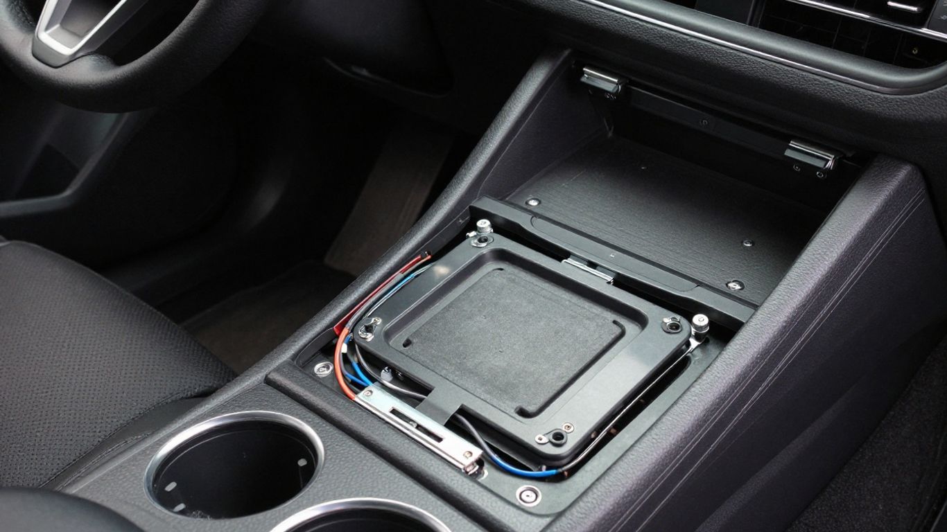 Interior view shows dashboard controls and center console removed