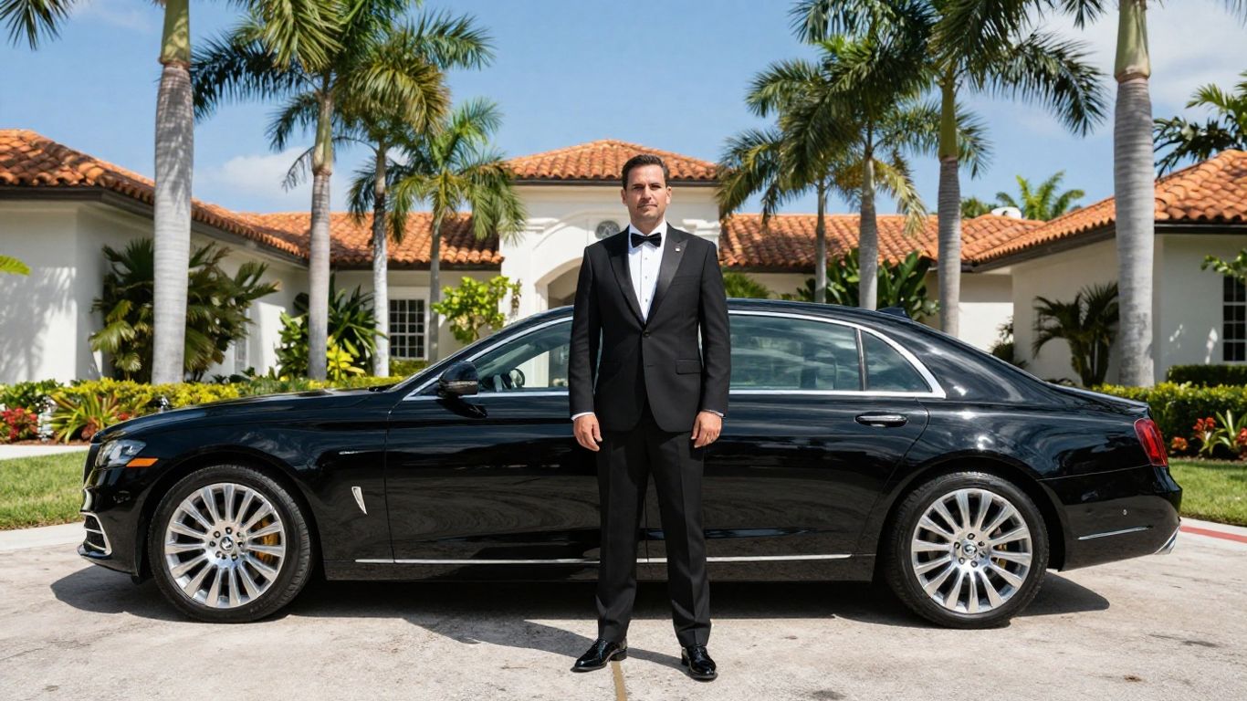 Professional chauffeur standing by a clean vehicle