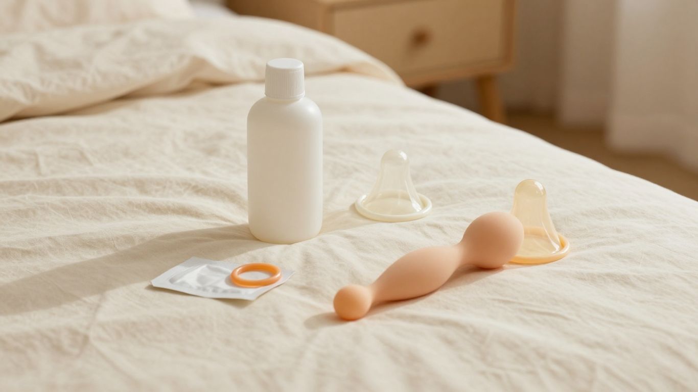 Personal lubricant beside condoms and toys