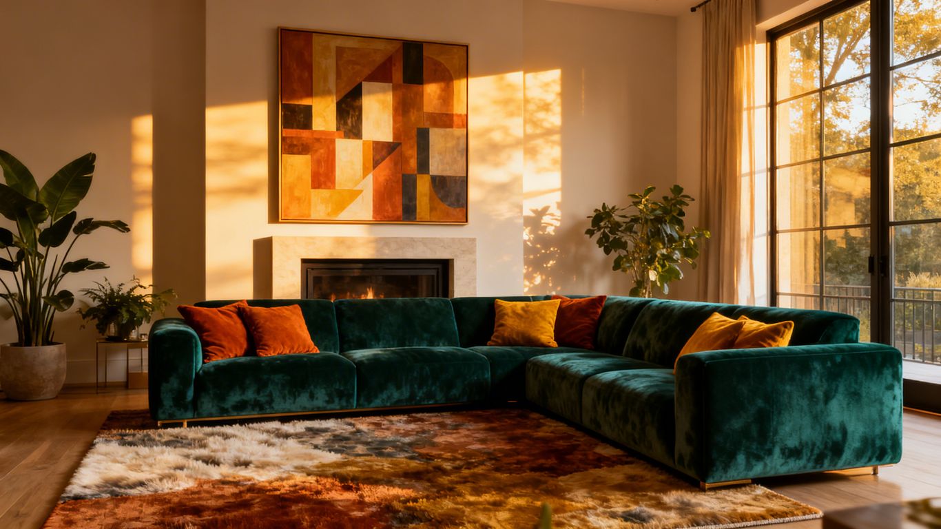 Modern living room with velvet sofa and natural light.