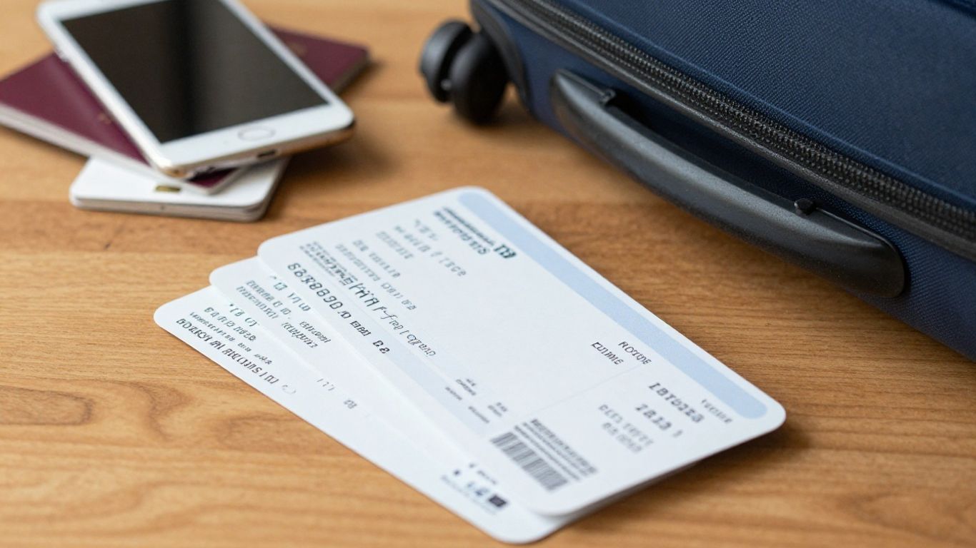Close view of boarding passes and suitcase
