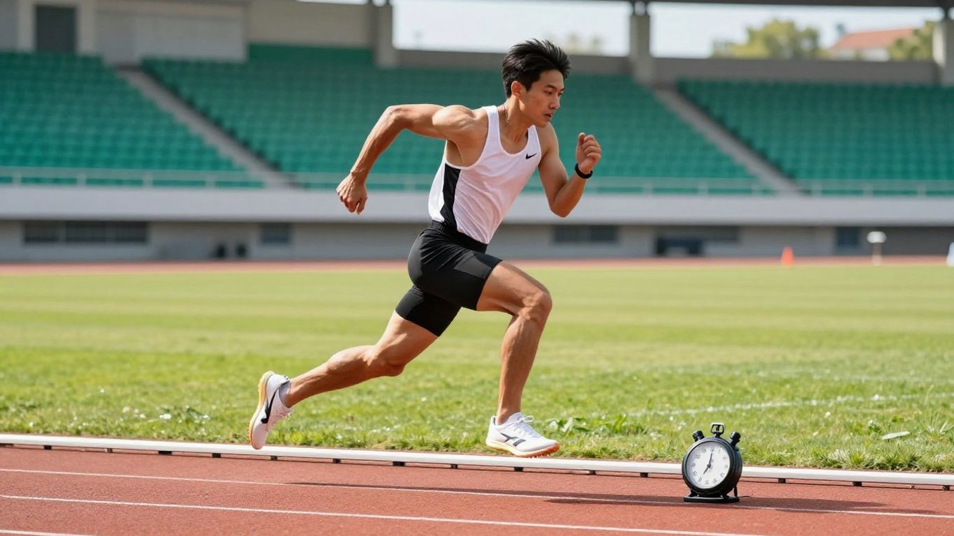 Runner sprinting on outdoor track near stopwatch
