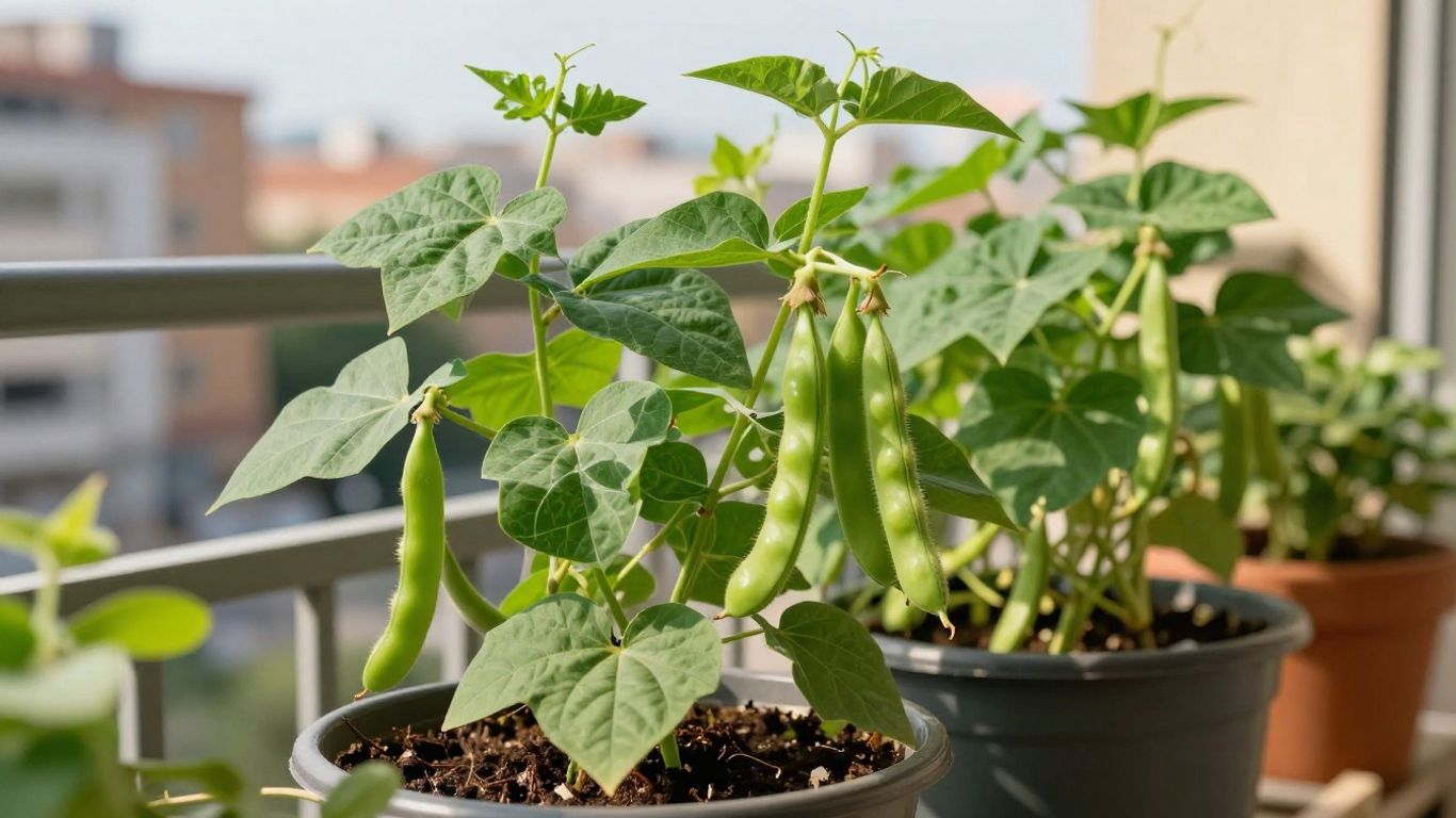 Bohnenpflanzen auf einem sonnigen Balkon im Juli