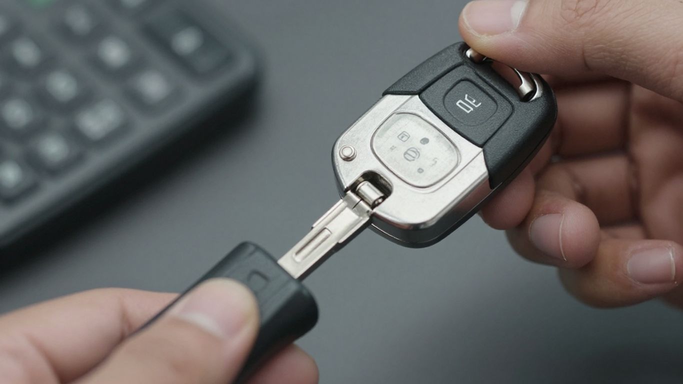 Locksmith programming a car key fob with a tool.