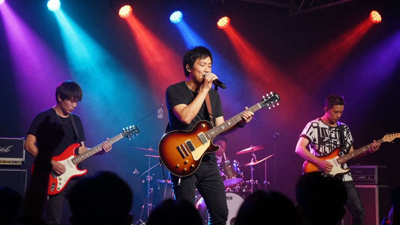 Musician performing on a spotlight-lit stage.