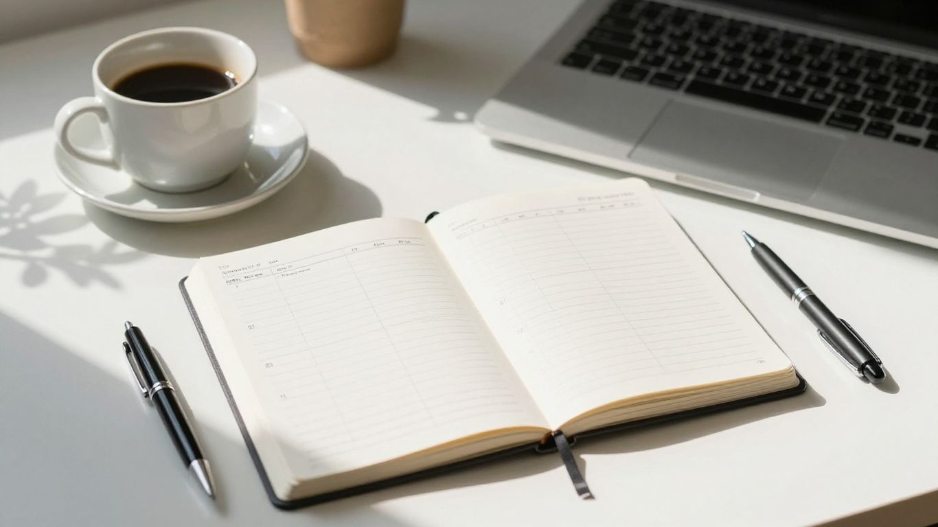 Time blocking planner on a desk with coffee.
