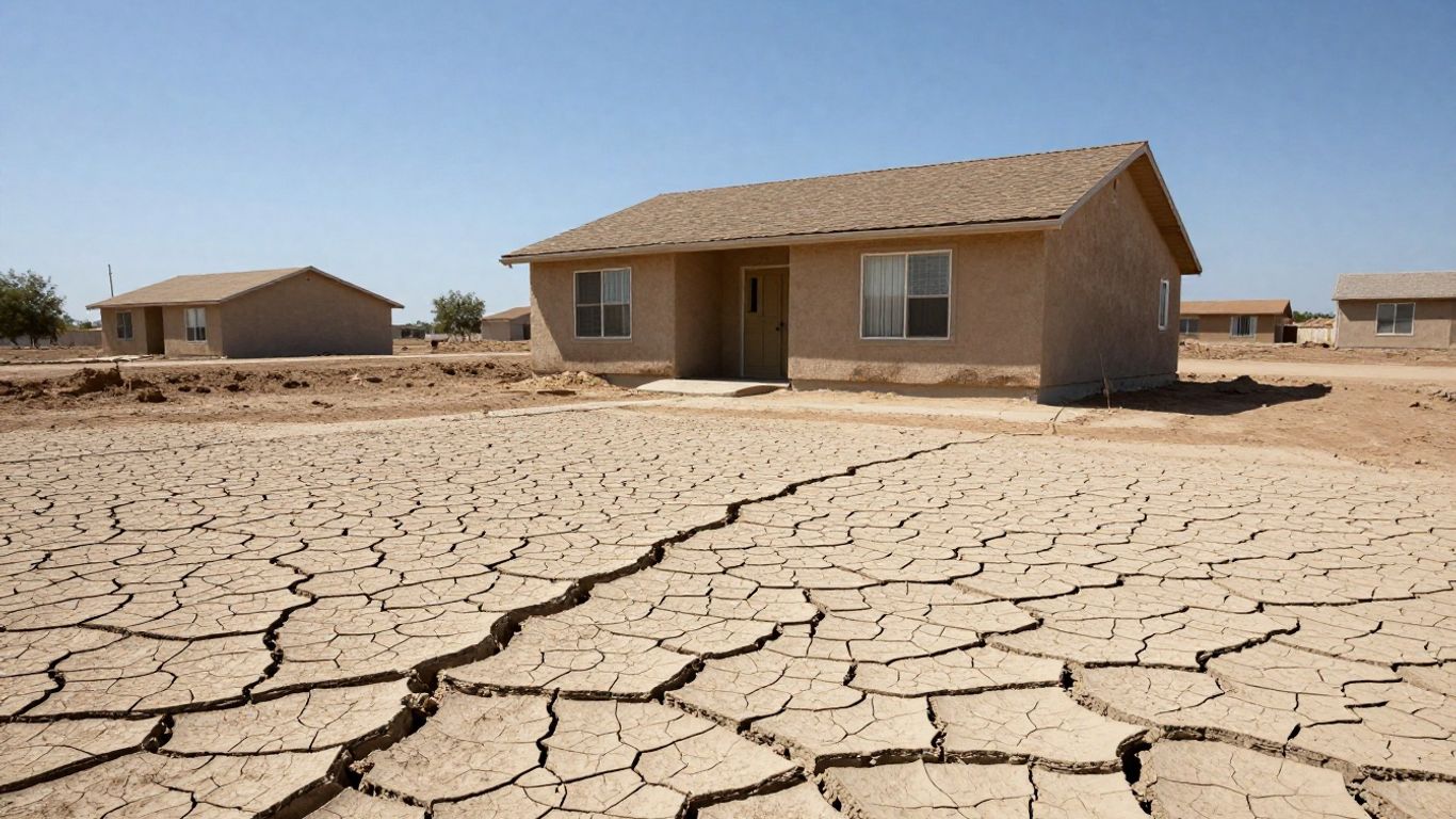 Dry, cracked earth around a house foundation.
