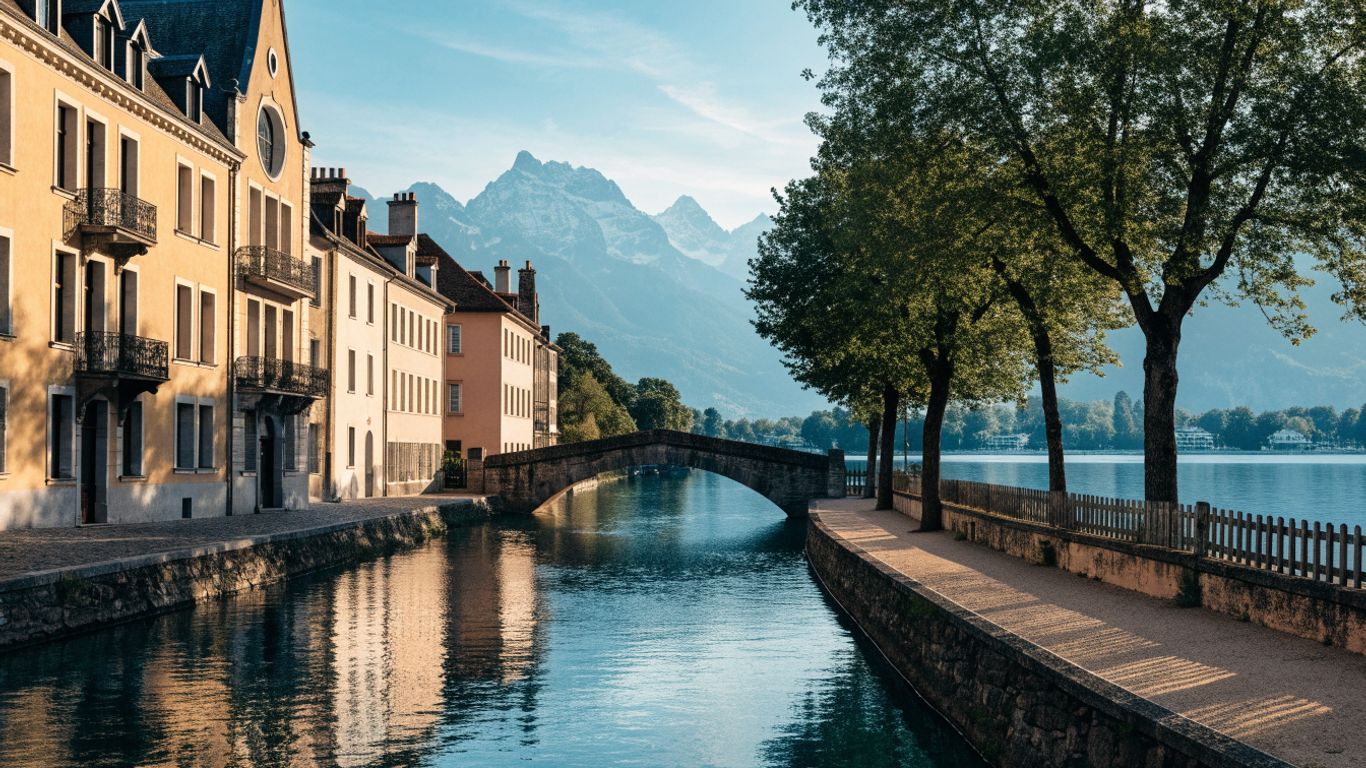Annecy canal and lakeside promenade in morning light