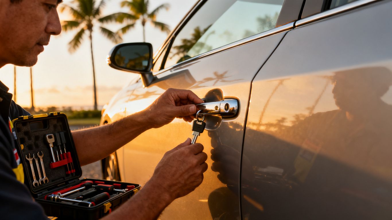 Mobile locksmith servicing a car in Honolulu