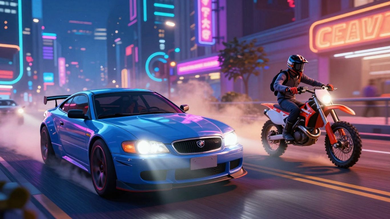 The Crew 2 car and dirt bike racing illustration.