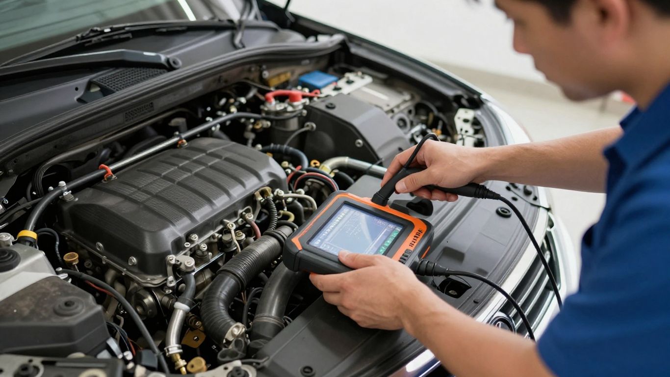 Technician scanning vehicle transmission system