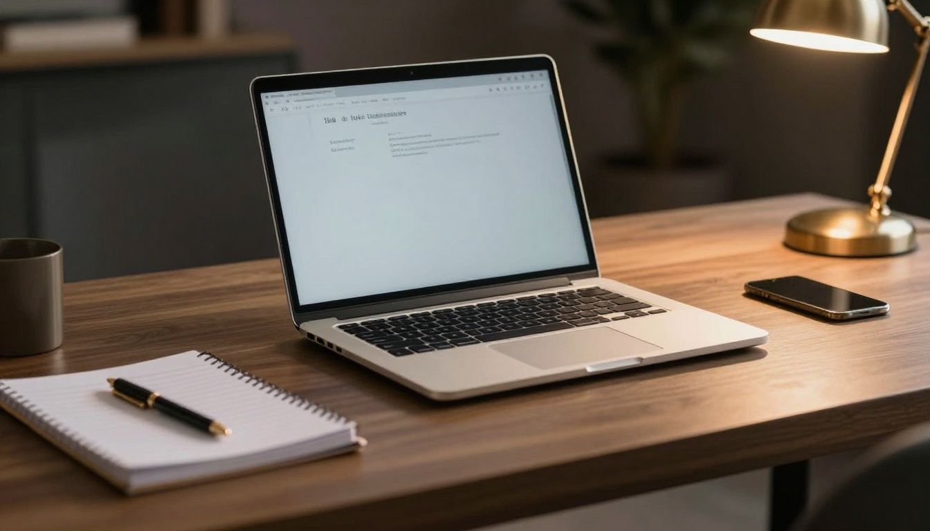 Uma mesa de escritório elegante com um notebook aberto, um caderno de anotações e uma caneta de luxo sob uma luz suave e profissional